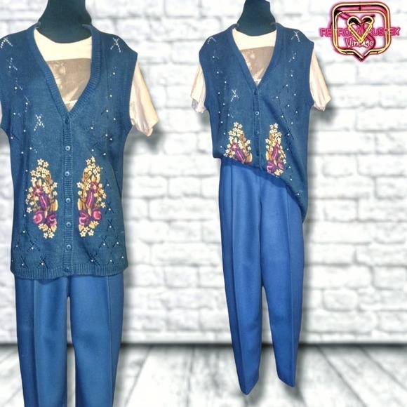 Vintage 80's Pants & Floral Cardigan Sweater Vest Outfit Set,  L - Picture 1 of 8